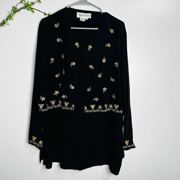 Diane Von Furstenberg 100% Silk Black Gold Embroidered Vintage Tunic Size 1X - Picture 1 of 10